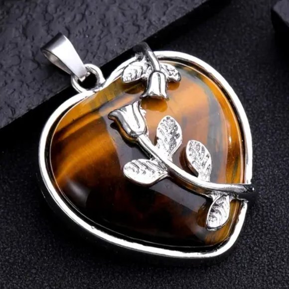 Tiger Eye Natural Gemstone Flower Heart Pendant Necklace Healing Gemstone - Picture 1 of 2